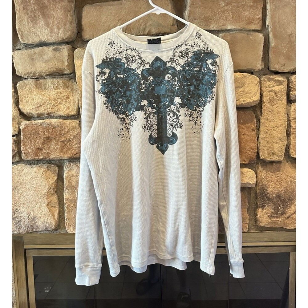 VTG Y2K MMA Elite Shirt Men 2XL Thermal Waffle Knit Long Sleeve Wing Cross Skull